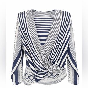 Renee C. Navy & White Striped Wrap Blouse